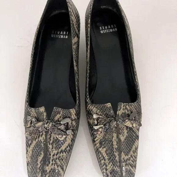 Stuart Weitzman Snakeskin Leather Pumps 7 M Black Tan Square Toe Kitten Heel - Picture 5 of 12